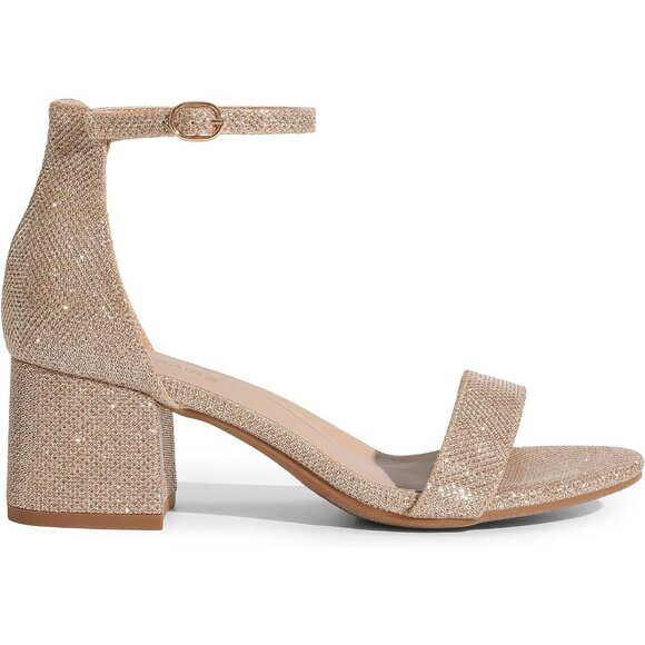 Dream Pairs Women's Gold Glitter Chunky Block Heel Ankle Strap Sandals Shoes - Picture 2 of 8